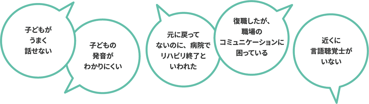 子どもがうまく話せない 子どもの発音がわかりにくい 元に戻ってないのに病院でリハビリ終了と言われた 復職したが、職場のコミュニケーションに困っている 近くに言語聴覚士がいない